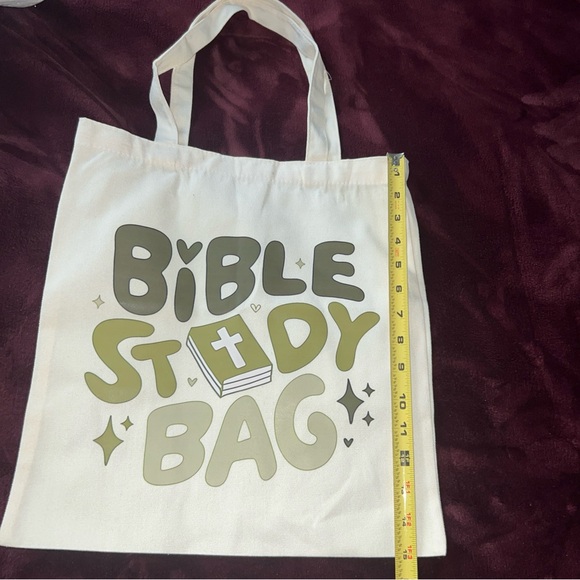 Source Unknown Handbags - Bible Study Tote Bag, green logo print 15x14’ off white